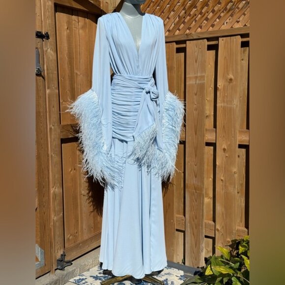 🆕 BRONX & BANCO 🧿 NWOT Geisha Feather-Trim Maxi Dress, Powder Blue - Sz M US 6 - Picture 5 of 16